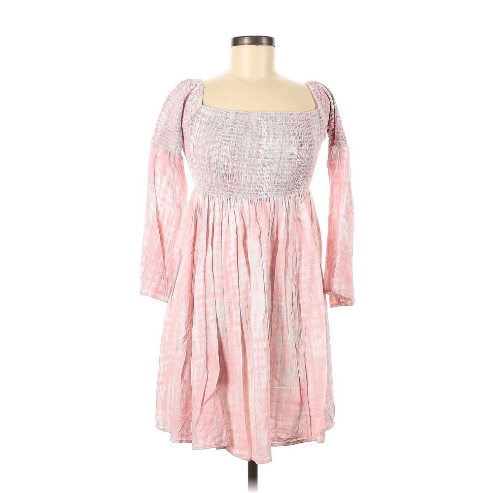 Torrid Womens M/L Dress Fairy Short Cottagecore Pink Textured Smocked Boho